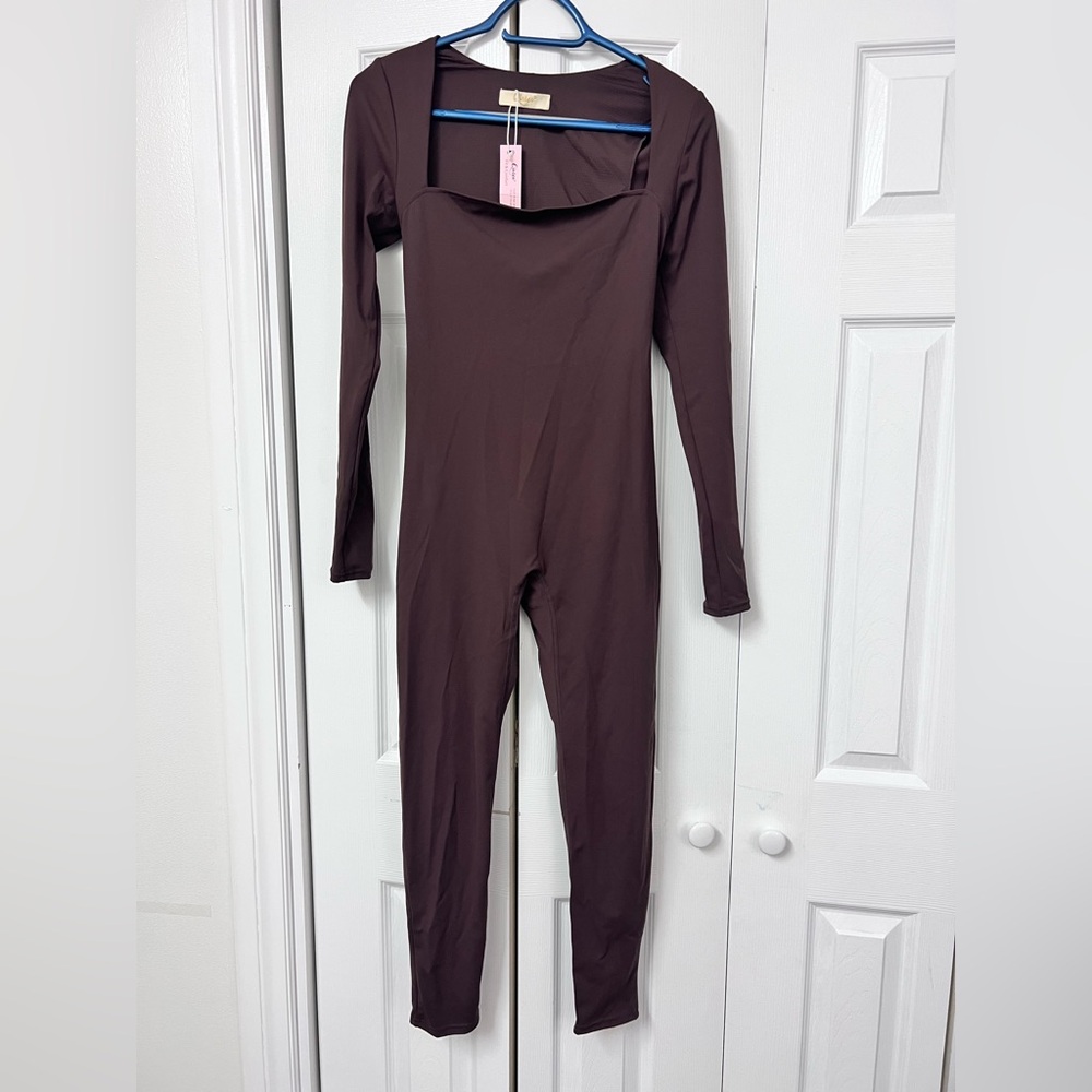 Long Sleeve One-Piece Jumpsuit in Deep Brown